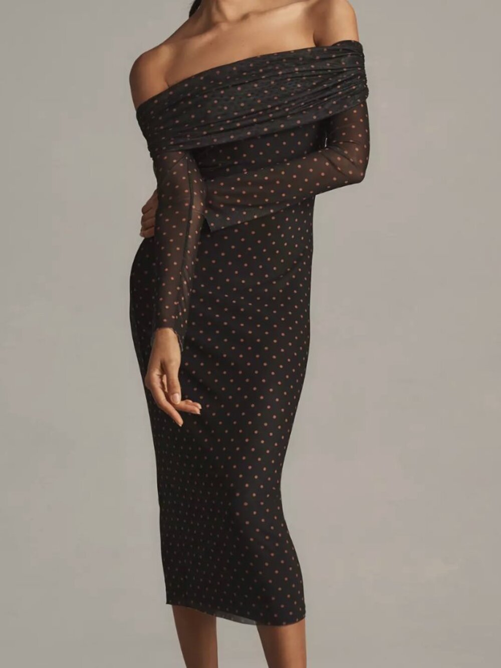 AFRM Praya Off-The-Shoulder Mesh Midi Dress Orange/Black Polka Dot
